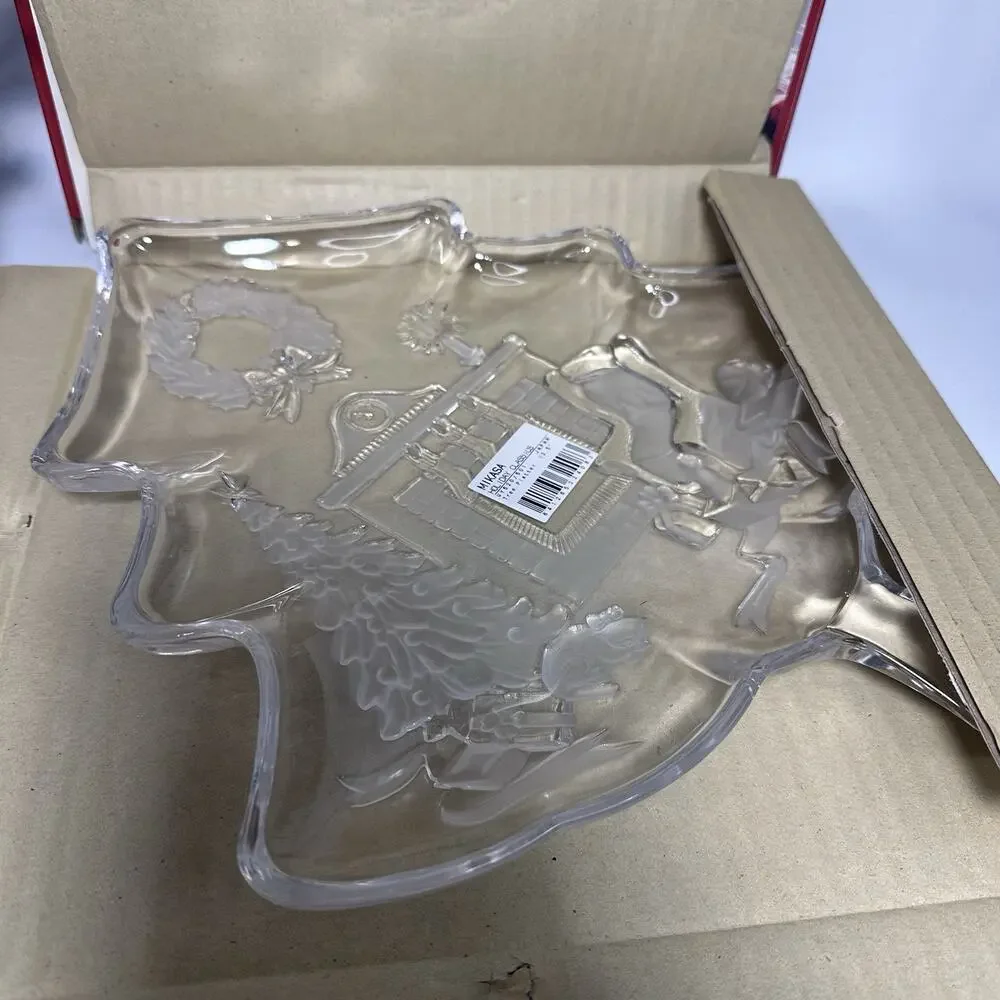 NIB Mikasa Crystal Christmas Tree Holiday Platter - Fireplace 13.5x12”